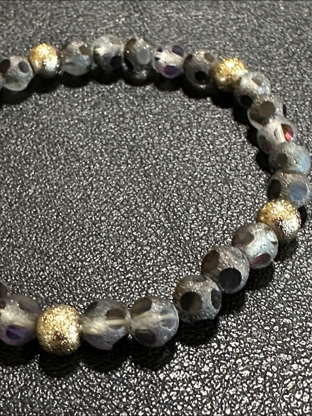 51. Dark Grey Polka Dot Glass & Gold Tone Beaded Stretch Bracelet - Picture 2 of 9